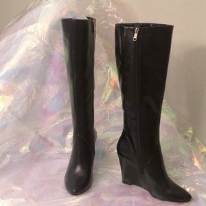 Ann Taylor black leather tall wedge boot